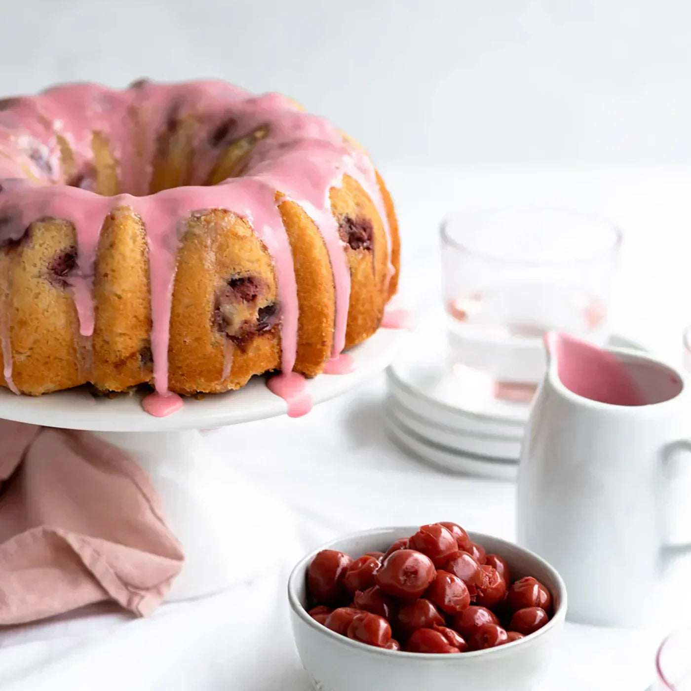 Cherry Vanilla Bundt Cake with Pink Cherry Glaze
