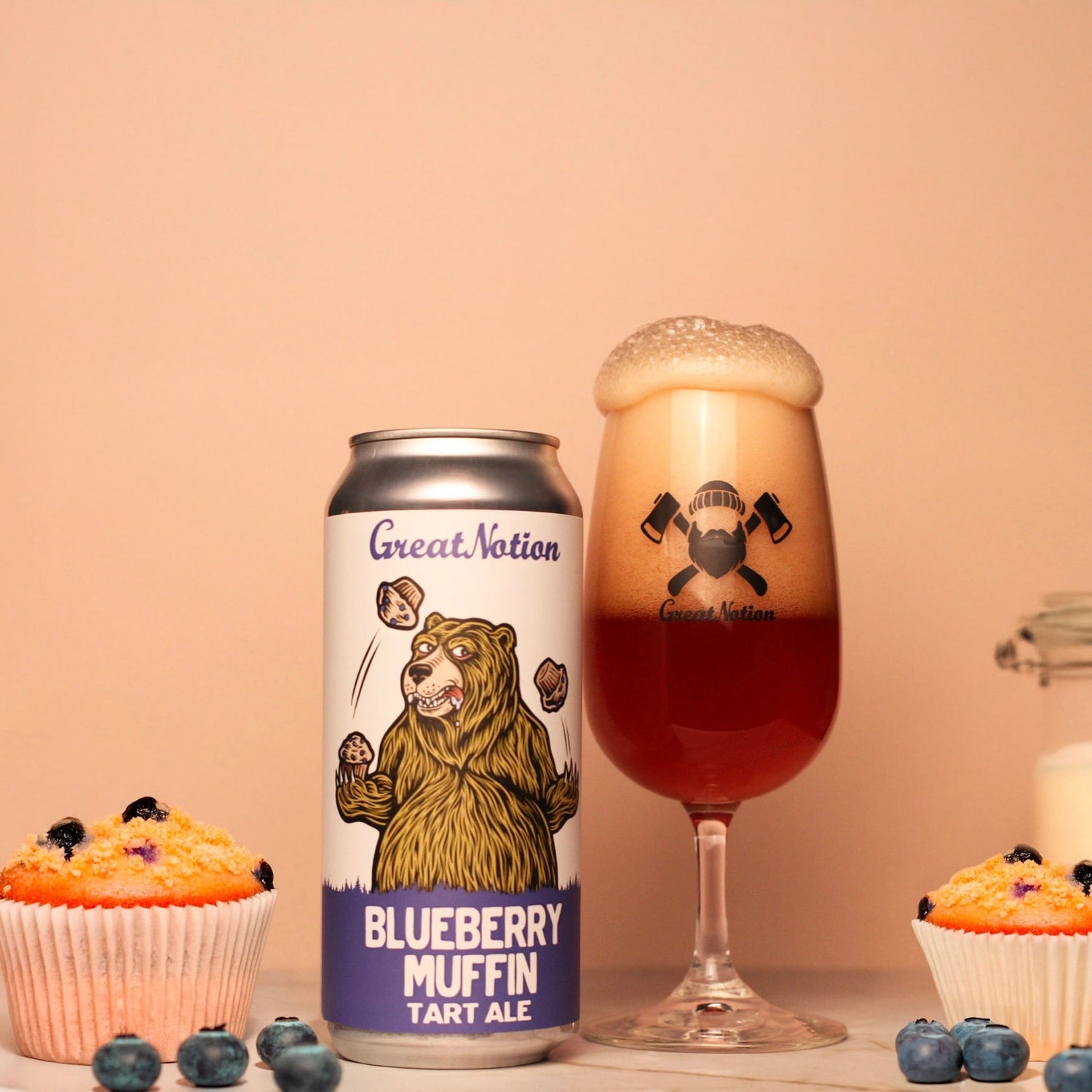 Can and glass of Blueberry Muffin beer