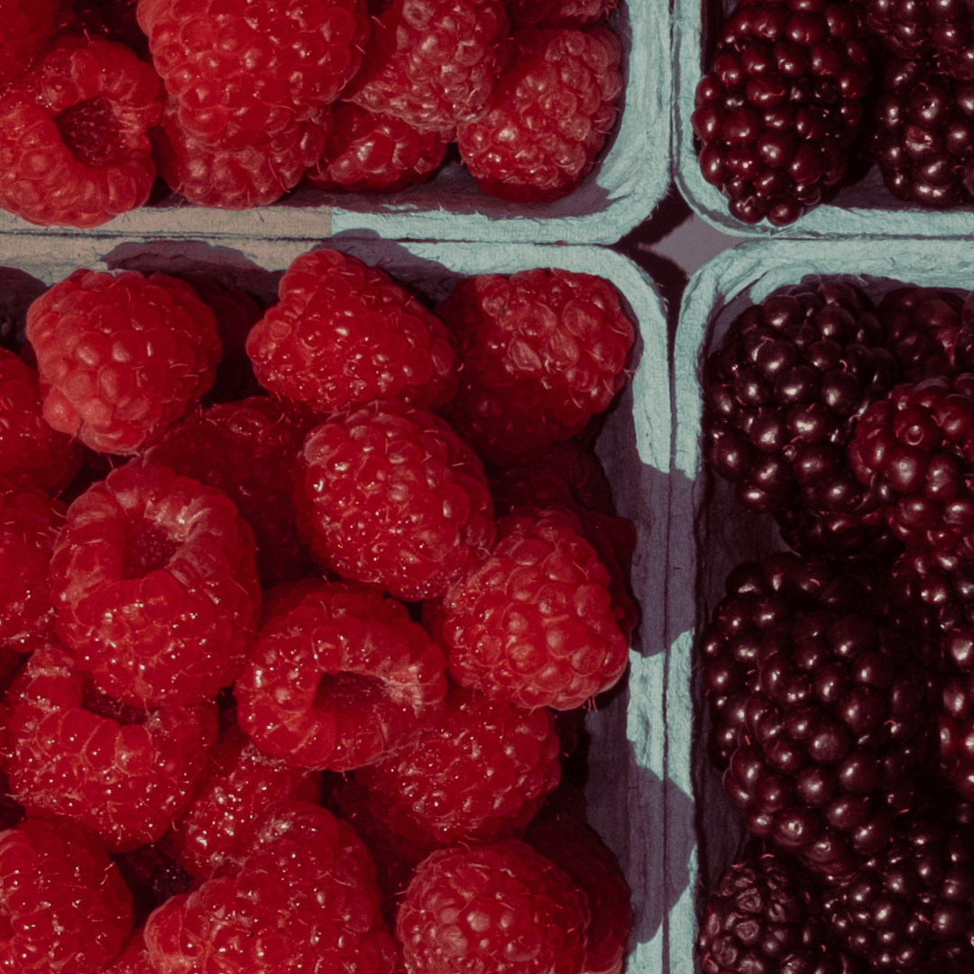 looking down on boxes of bright red raspberries and dark purple blackberries