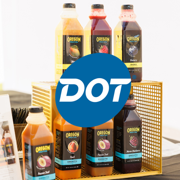 DOT logo in front of bottles of Pourable Fruit
