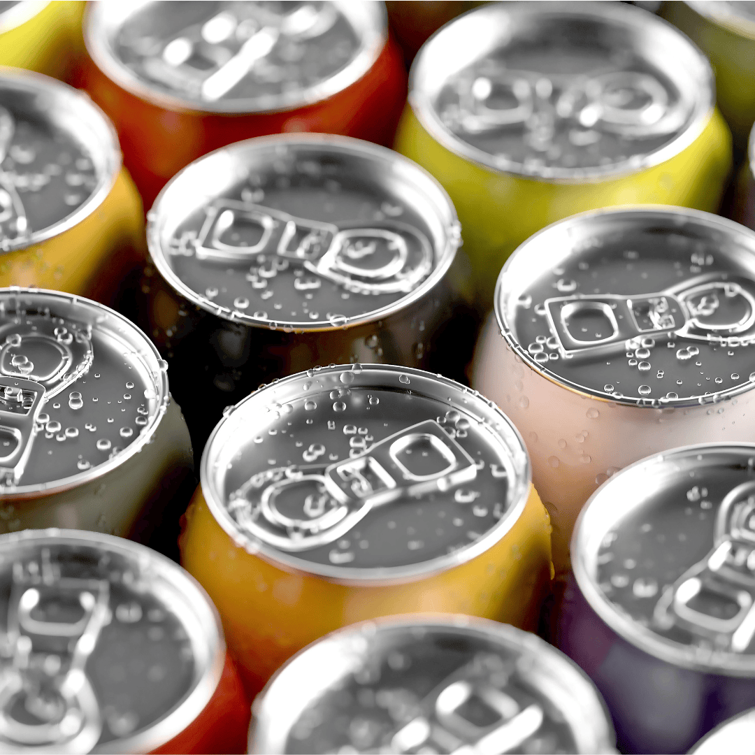 close up of canned beverages lined up