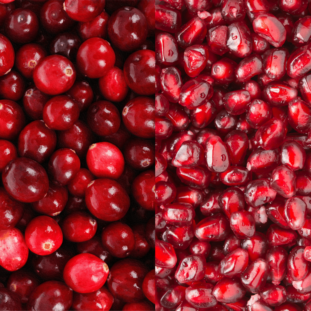 close up of cranberries next to close up of pomegranate seeds