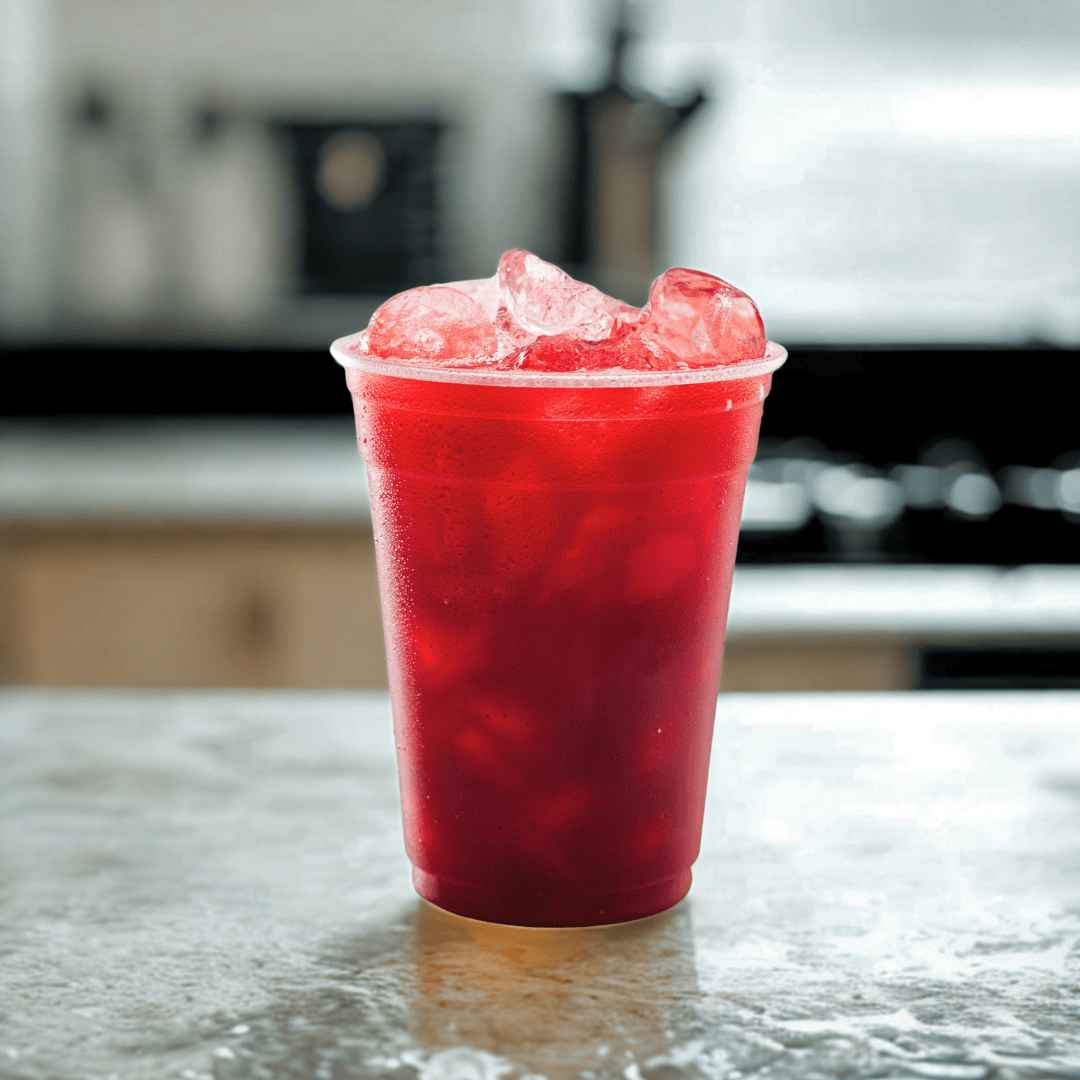 clear plastic glass of bright red cherry soda on a countertop