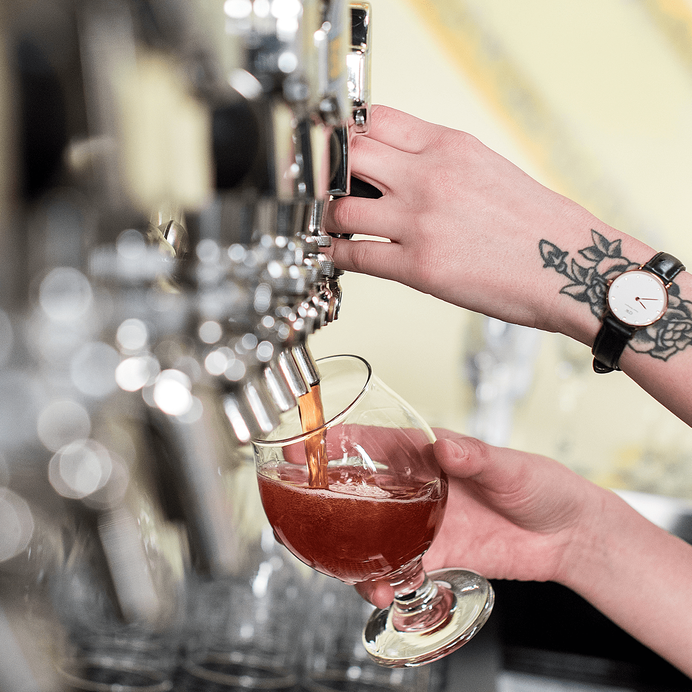Pouring beer made with Oregon Fruit Purees from a tap