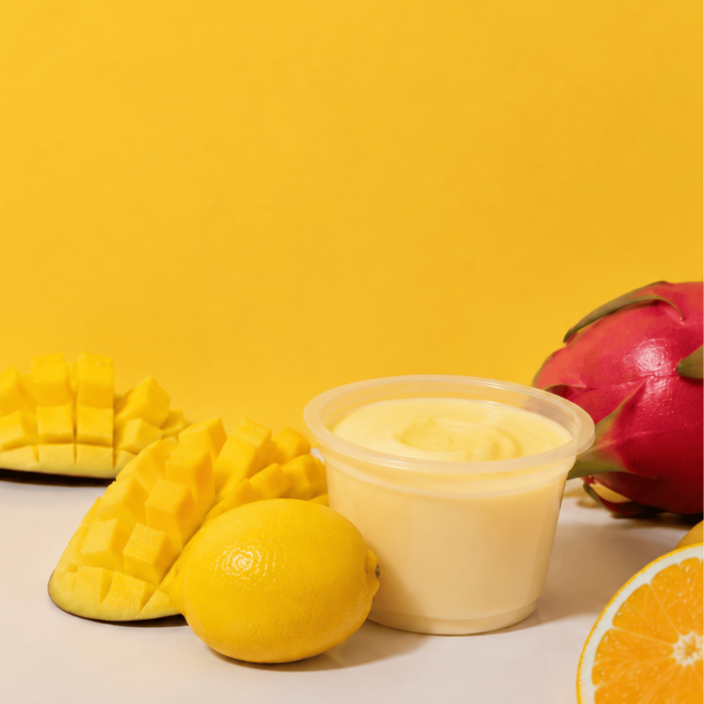 a cup of gelato next to various citrus and tropical fruits with a bright yellow background