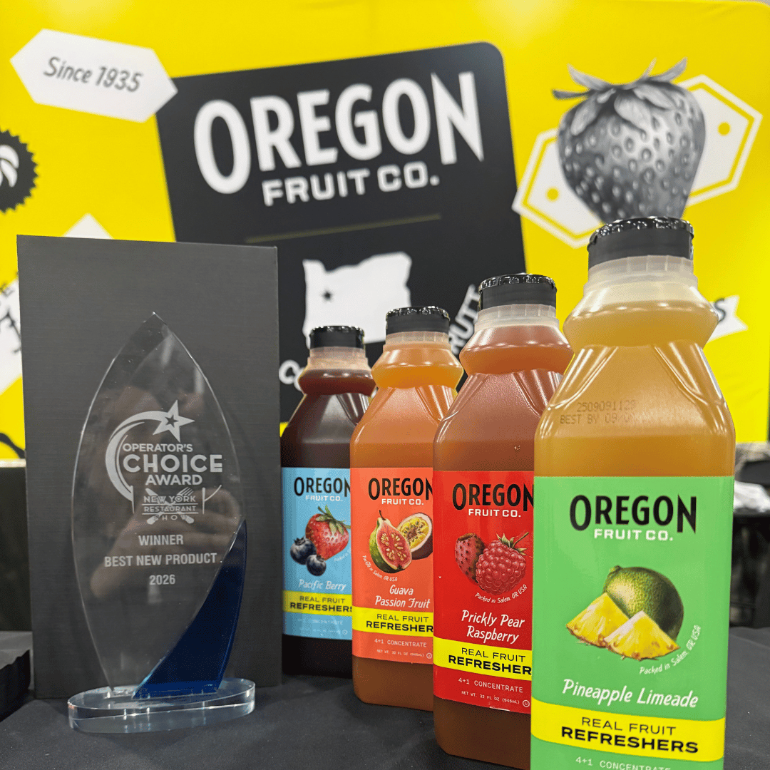 bottles of refreshers lined up next to NY Restaurant Show award