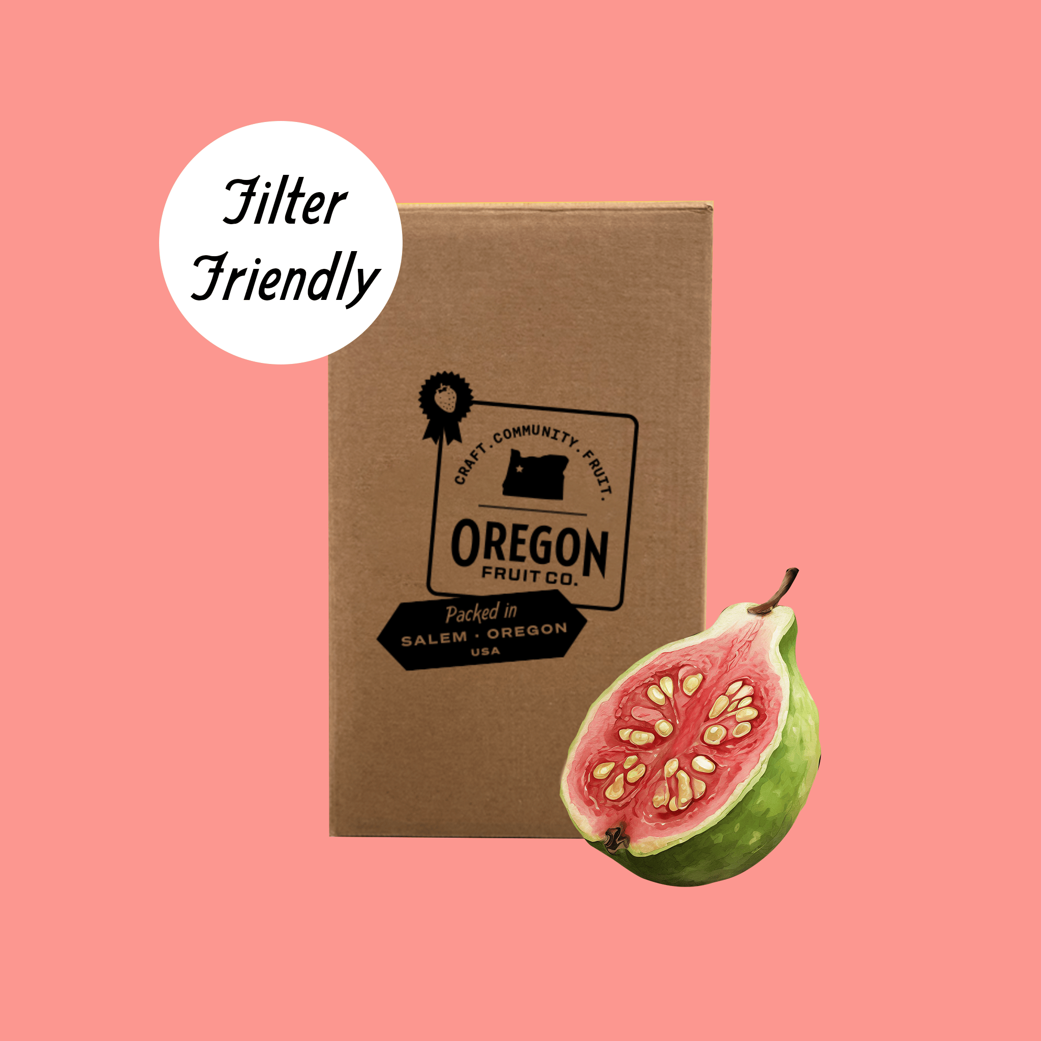 Filter-Friendly pink guava aseptic puree in a cardboard box with a pink background