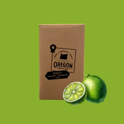 Oregon Fruit product packaging with a key lime on a lime colored background 