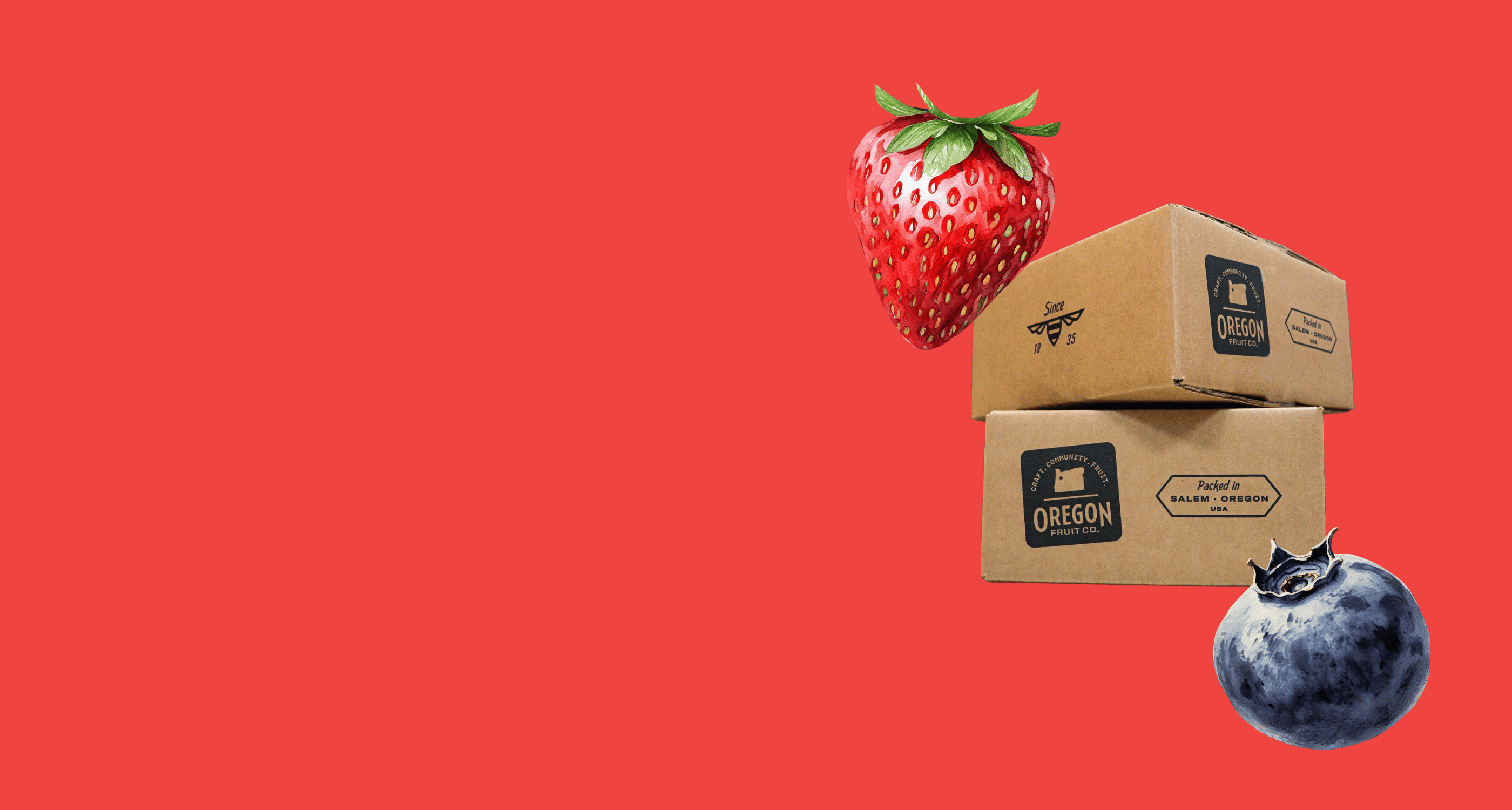 Cardboard boxes of aseptic puree with 'Oregon' label and a strawberry and blueberry on a red background
