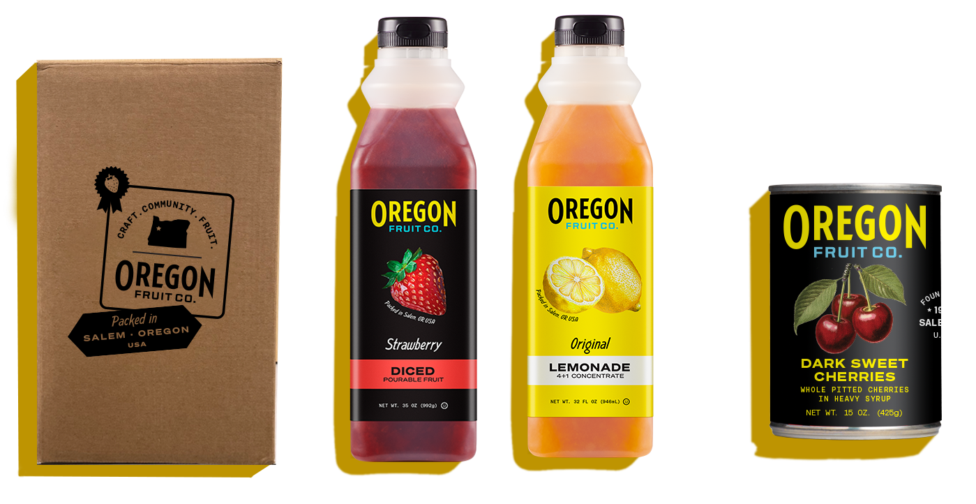 Oregon Fruit Company products include aseptic purees, pourable fruit in bottles, and canned fruit for home use